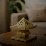 Golden Vastu pyramid placed on a wooden side table in a modern beige living room with sofa, lamp, and indoor plant.